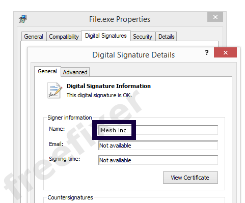 Screenshot of the iMesh Inc. certificate